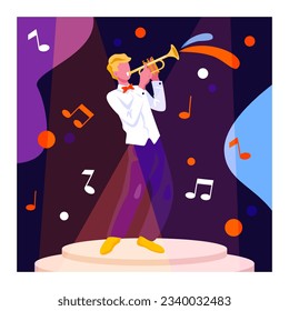 Young stylish musician playing on plays trumpet on stage. Concept of playing music on instrument. Flat vector illustration in cartoon style in blue and orange colors in cartoon style