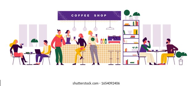 Young stylish people in coffeehouse drinking coffee at bar stand and tables, taking coffee to go, talking, communicating, working. Flat vector illustration concept in trendy colours for banner, ui.