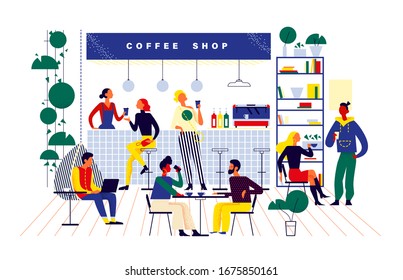 Young stylish people in coffeehouse drinking coffee at bar stand and tables, taking coffee to go, talking, communicating, working. Flat vector illustration concept in trendy colours for banner, ui.