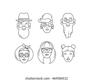 Young stylish people linear vector illustration. Urban citizen character set