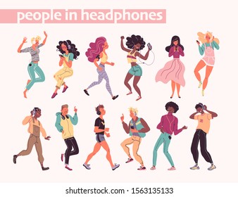 Young stylish people listening to music in headphones and earphones isolated. Multiethnic group. Boys and girls smiling, dancing, jogging, walking. Flat cartoon style. Vector illustration.