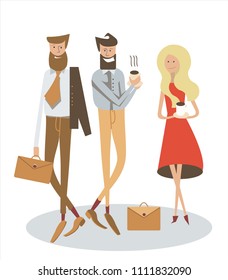 young stylish people are standing and drinking coffee business man woman art vector illustration