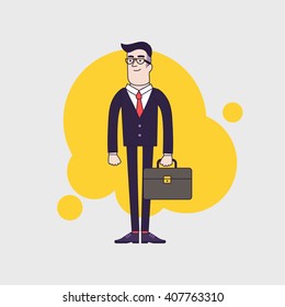 Young stylish serious businessman with leather briefcase. Employee wearing black glasses and red tie