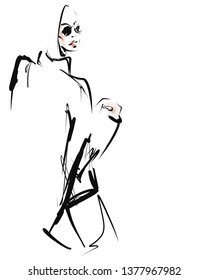 Young stylish woman, beautiful girl. Hand drawn fashion illustration. Sketch, vector