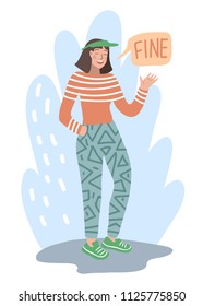 Young stylish woman in a cap, in pants and sneakers.The girl smiles and says - Fine! Vector cartoon illustration. Isolated.