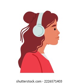 Young Stylish Woman Character Wear Headphones Profile View. Trendy Teenager Girl with Long Hair Listen to Music or Audio Program Isolated on White Background. Cartoon People Vector Illustration