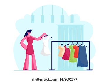 Young Stylish Woman Choosing New Fashioned Dress in Store. Girl Buying Garment Standing near Hanger in Apparel Boutique in Mall. Female Character Shopping Spare Time. Cartoon Flat Vector Illustration