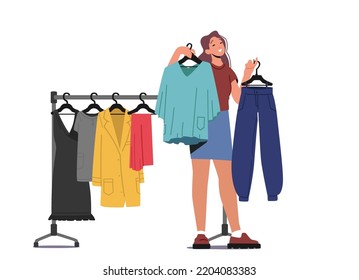 Young Stylish Woman Choosing New Fashioned Clothes in Store. Girl Buying Garment Standing near Hanger in Apparel Boutique in Mall. Female Character Shopping Spare Time. Cartoon Vector Illustration