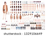 Young stylish woman creation set or constructor kit. Set of body parts, trendy casual clothes, gestures, faces, postures. Female cartoon character. Front, side, back views. Flat vector illustration.