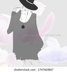 Young stylish woman in dress and hat. Fashion illustration in collage style, sketch. Vector