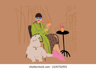 Young stylish woman drinks cocktail while sitting with her dog at cafe terrace on urban background. Concept of French style and leisure time with adorable white dog. Vector illustration