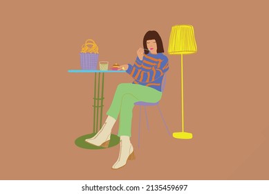 Young stylish woman eating dessert at cafe with lampshade on background. Concept of style and leisure time. Vector illustration in cartoon style