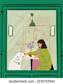 Young Stylish Woman Feeding Her Dog While Sitting Together At Cafe, View Through Window. Concept Of Style And Lifestyle. Vector Illustration