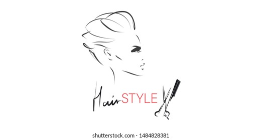 Young stylish woman with hair style. Beautiful girl face, profile. Hand-drawn and calligraphic design elements on the theme of beauty and hairdressing. Vector