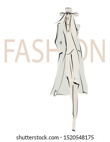 Young stylish woman in hat, coat and boots. Beautiful girl, model. Hand-drawn fashion illustration in sketch style. Vector