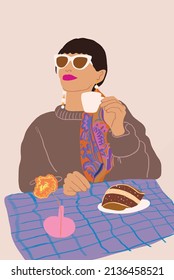 Young stylish woman having Italian breakfast, drinking coffee and eating croissant, sitting by the table with checkered cloth. Girl wearing sunglasses and colourful scarf. Vector illustration