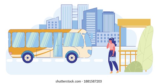 Young Stylish Woman Holding Suitcase Stand on Bus Stop Talking by Smartphone on Cityscape Background. City Life, Girl Using Commuter Public Transport in Megalopolis. Cartoon Flat Vector Illustration