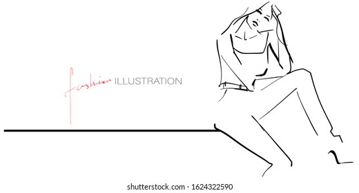 Young stylish woman, model. Fashion illustration in sketch style. Vector