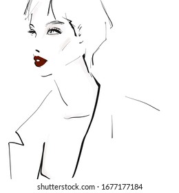 Young stylish woman, model. Fashion illustration in sketch style. Vector