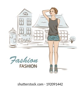 Young stylish woman on the street . Vector.