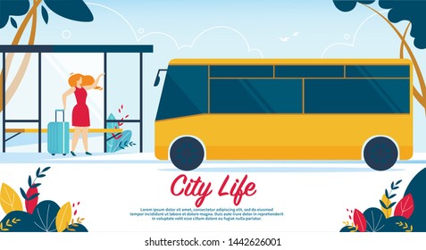 Young Stylish Woman in Red Dress Holding Suitcase Stand on Bus Stop Waving Hand to Attract Driver Attention. City Life, Commuter Public Transport. Cartoon Flat Vector Illustration, Horizontal Banner