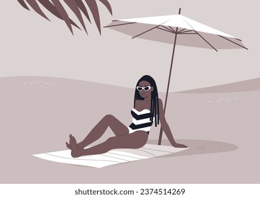 A young stylish woman relaxes on the sandy shore beneath a white beach umbrella, enjoying her summer getaway amidst the sweltering tropical heat