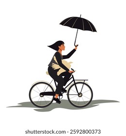 A young stylish woman rides a bicycle, holding an umbrella against adversity in one hand and a bird of peace near her heart. Vector.
