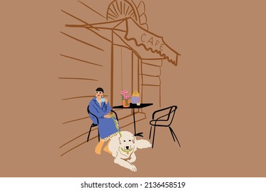 Young stylish woman sitting with her dog on a street at cafe terrace near the building. Concept of French style and leisure time with adorable white dog. Vector illustration