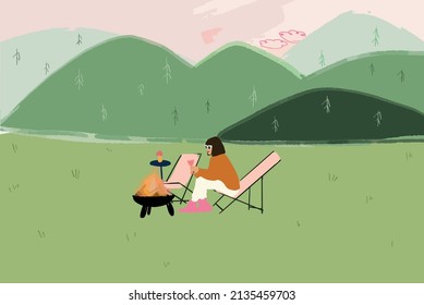 Young stylish woman sitting on sunbed near fireplace, having a picnic and enjoying beautiful landscape in the mountains. Concept of escaping to nature and feeling calm in mountains. Vector
