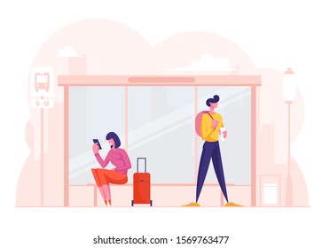 Young Stylish Woman with Suitcase and Man with Backpack Stand on Bus Stop Waiting Commuter. Girl Calling by Smartphone. City Life, People on Public Transport Station. Cartoon Flat Vector Illustration
