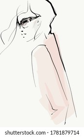 Young stylish woman in sunglasses. Fashion illustration in sketch style. Vector