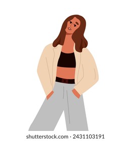 Young Stylish Woman in Trendy Clothes in Modern Style. Fashion Outfit. Flat Vector Illustration Isolated on White Background.