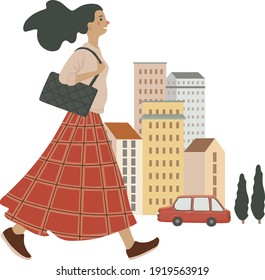 Young stylish woman walking on the street, vector illustration, isolated on white