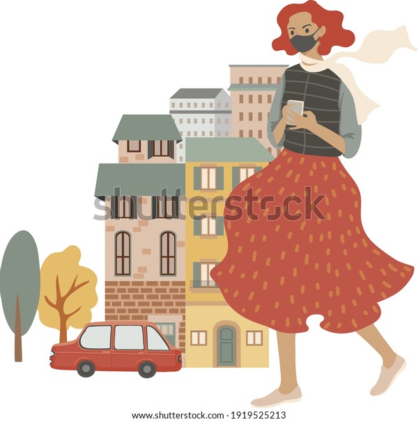 Young stylish\
woman walking on the street, holding phone, wearing mask, vector\
illustration, isolated on\
white