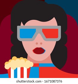 Young stylish woman wearing traditional 3d glasses watching 3d movie with popcorn pack. 3d style futuristic girl.