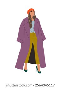 Young stylish woman wearing winter, autumn warm outwear, coat, beret. Pretty girl standing full length. Vector flat illustration isolated on white background