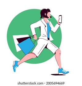 Young stylish woman in a white suit and sneakers runs with packages and a mobile phone. The concept of discounts, sales, great deals. Vector illustration isolated on white background.