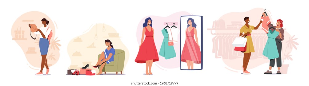 Young Stylish Women Choosing New Fashioned Dress, Bag and Shoes in Store. Girls Buying Garment and Accessories in Apparel Mall. Female Character Shopping Spare Time. Cartoon People Vector Illustration