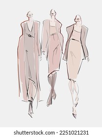 Mujeres jóvenes y elegantes. Ilustración de moda en estilo boceto. Vector