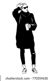 Young stylish women in long hoodie sweatshirt with coffee
