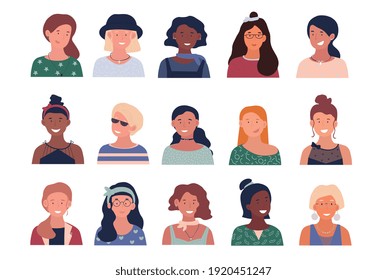 Young stylish women portraits collection. Fifteen of cute smiling girls with various hairstyles and accessories. Pretty female avatars. Set of flat cartoon vector illustrations isolated on white