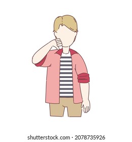 Young stylish worried man showing thumb down concept. Hipster sad male showing reject, dislike concept. Isolated flat vector illustration on white background