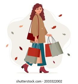 Young, stylishly dressed woman with shopping bags, walking on background with leaves. Season Sale concept. Vector illustartion in flat style