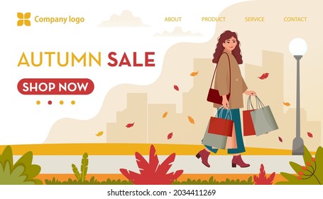 Young, stylishly dressed woman with shopping bags, walking on autumn background. Autumn Sale banner, template for landing page. Vector illustration in flat style