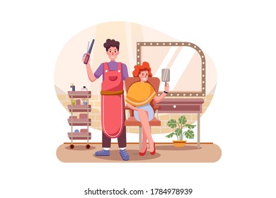 Young stylist curling woman's hair giving a new hairstyle at hair salon. Vector Illustration concept