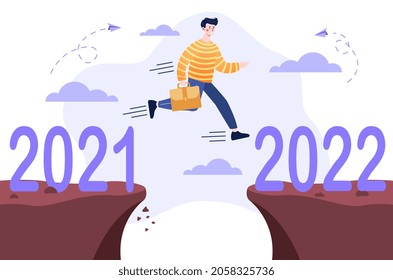 Young success businessman is jumping high across two cliffs to change year. Concept of new year 2022 for business recovery, change year from 2021 to 2022 calendar. Flat cartoon vector illustration