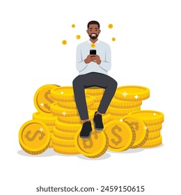 Young success man sitting on pile of dollar coins. Big money and coins. Finance success. Flat vector illustration isolated on white background