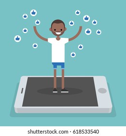 Young successful black man standing on mobile screen and raising his hands surrounded by like symbols  / flat editable vector illustration