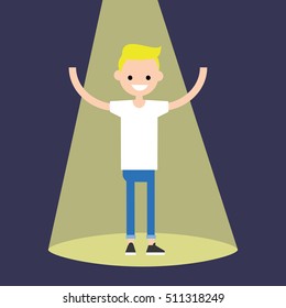 Young successful blond boy standing in the spotlight / flat editable vector illustration