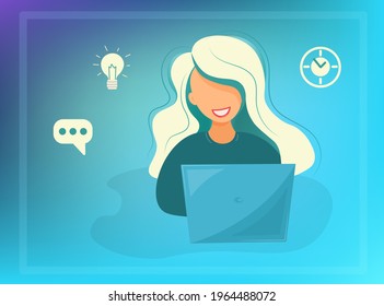 Young successful blonde working on the computer. Distance learning. Distant work. Home Office. Trendy gradient background with business woman. Vector illustration.